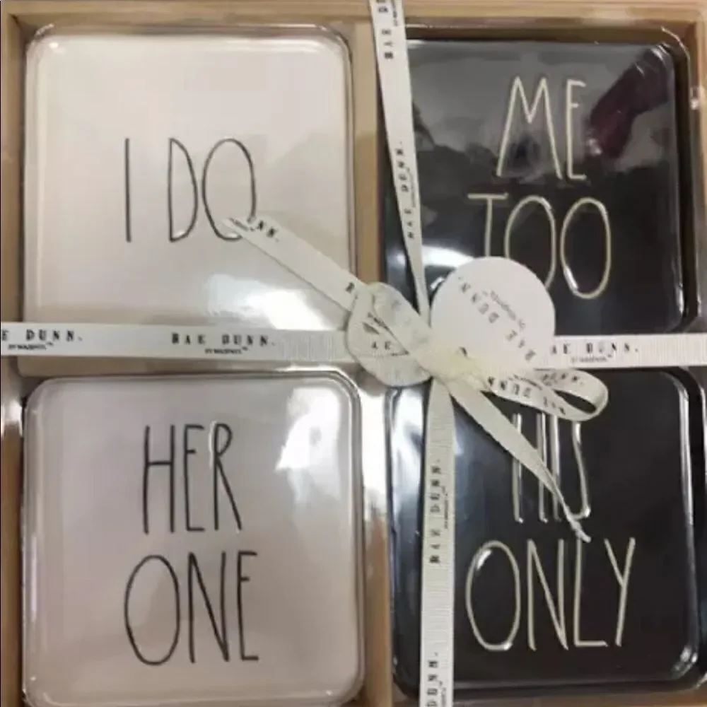 NWT Rae Dunn by Magenta Wedding Coasters Ceramic I Do Me Too His Only Her only
